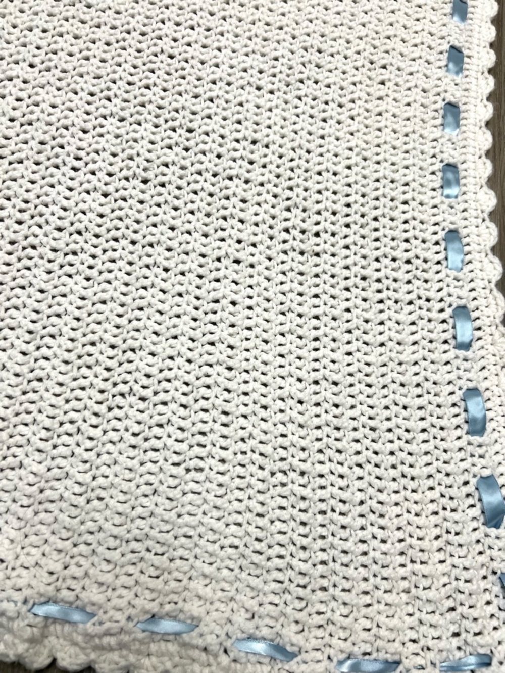 Vintage Style Crochet White Baby Blanket Blue Satin Ribbon Edging 37” X 31” - Picture 2 of 3